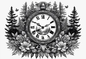 Clock centerpiece surrounded by forest tattoo idea
