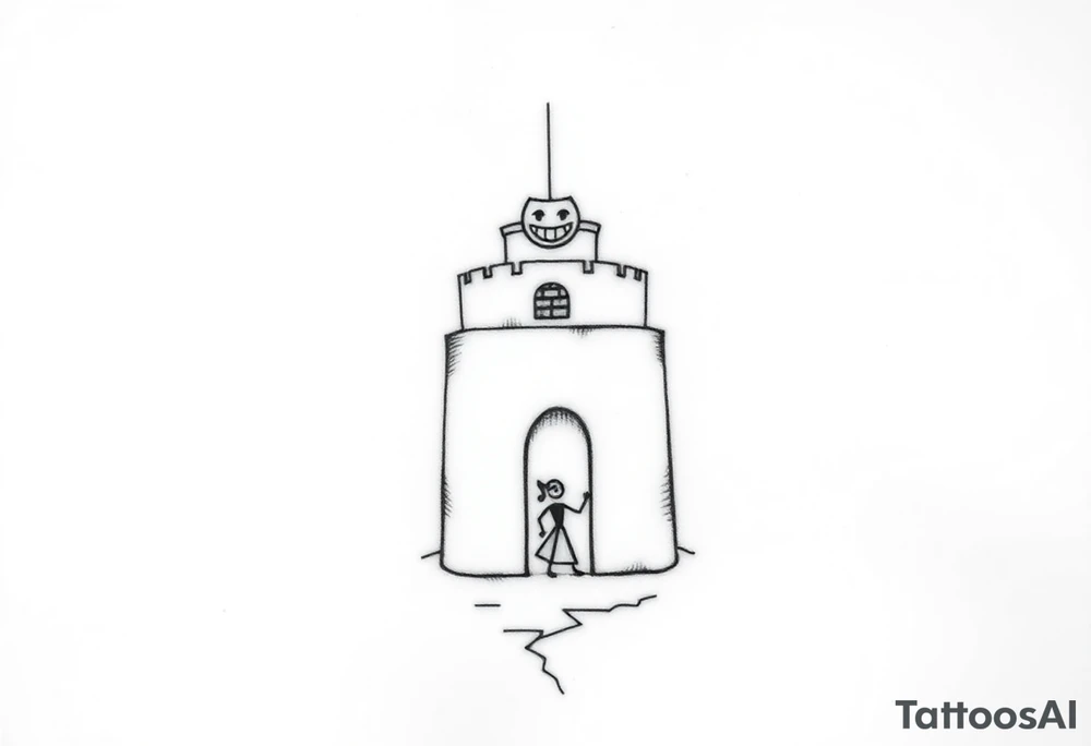 Draw a minimal trapezoid shape as the main background.

Inside the trapezoid:

A small simple castle at the top center, with smooth walls and a short tower on one side.

A tiny black rectangle (like a small brick) inside the castle wall, representing a Tramadol pill.

A small smiling mask on the tower, with two dots for eyes and a curved line for a mouth.

A thin irregular crack running from the bottom to the top of the castle wall.

A thin diagonal ray of light coming out of one castle window.

A very simple abstract figure of a dancer in the castle courtyard, made of a few lines.


The design should look clean and minimal overall. tattoo idea