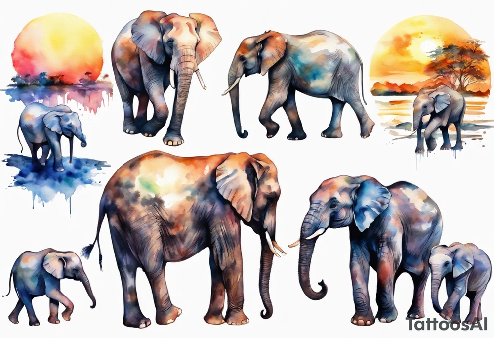 Family of six elephants walking in sunrise tattoo idea