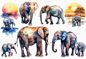 Family of six elephants walking in sunrise tattoo idea