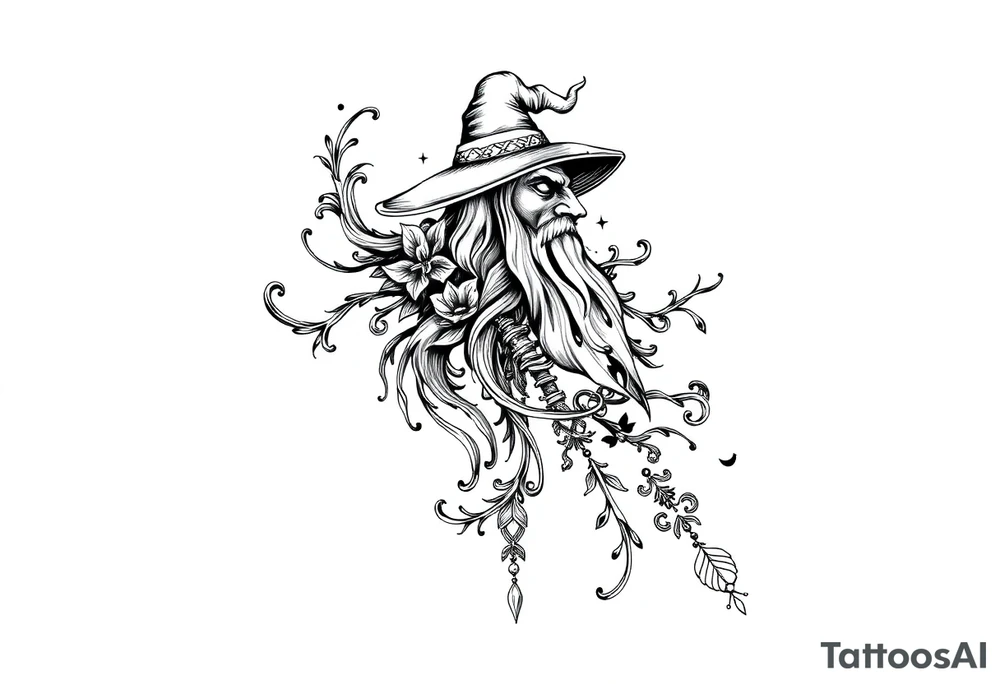 mystical and long ornament with witch mytolog and ancient rhyme tattoo idea