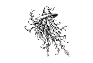 mystical and long ornament with witch mytolog and ancient rhyme tattoo idea