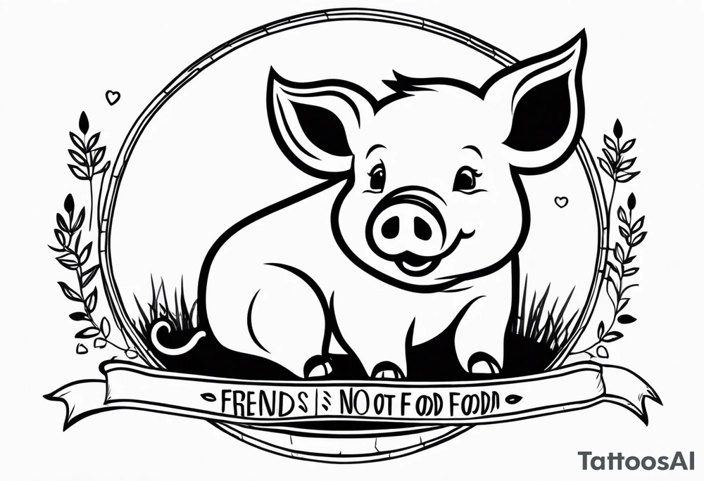 cute pig or piglet.
with text: "friends not food" 

only very thin lines. no shading. black and white only. simple outline only tattoo idea