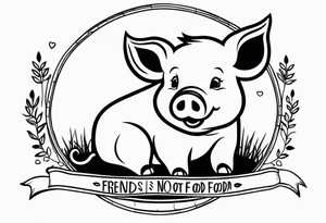 cute pig or piglet.
with text: "friends not food" 

only very thin lines. no shading. black and white only. simple outline only tattoo idea