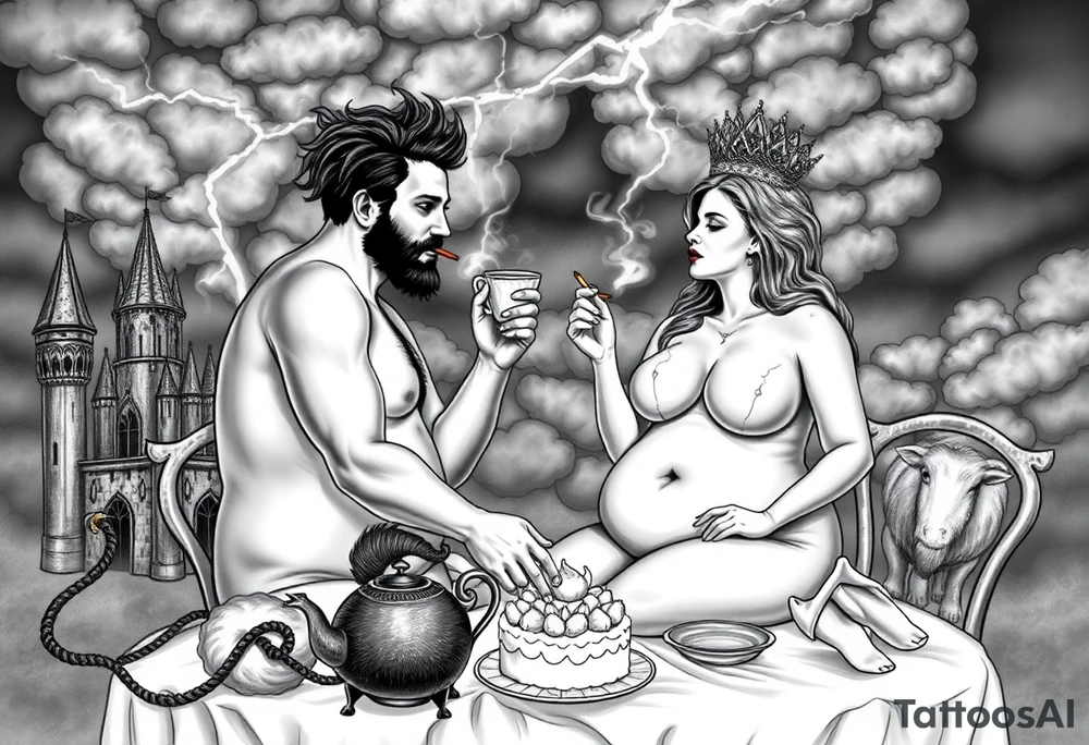Naked Man and woman having sex Storm lightening clouds gothic sexy naked fat lady having a tea party with tea pot and medieval castle
with a pigglets, peacock, noose, lion, goat, smoking cigerettes looking in the mirror eating a cake thru storm clouds with razor blades and broken hearts and darkness and wrath, envy , gluttony, greed, sloth, pride kill tattoo idea