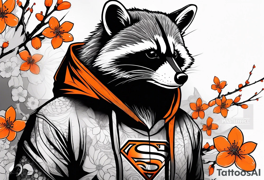 raccoon wearing a black and white Superman hoodie and orange Japanese cherry blossoms tattoo idea