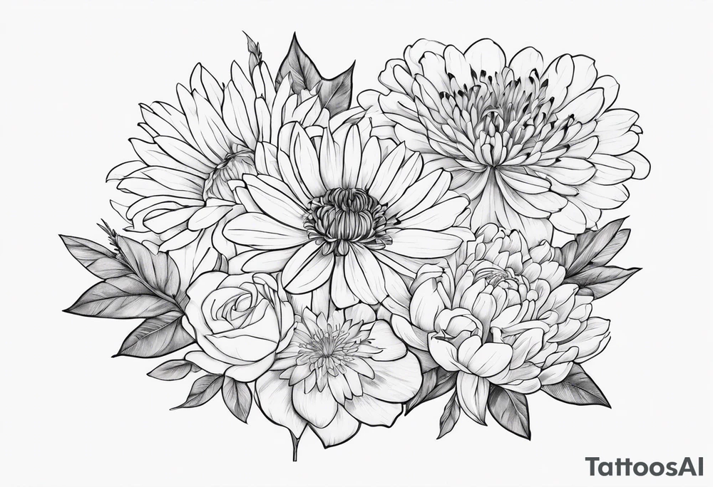 Asters, roses, lillies, and chrysanthemums in a long line tattoo idea