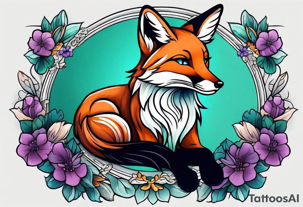 Neo traditional fox with violets and teal frame tattoo idea