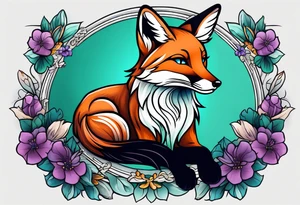 Neo traditional fox with violets and teal frame tattoo idea