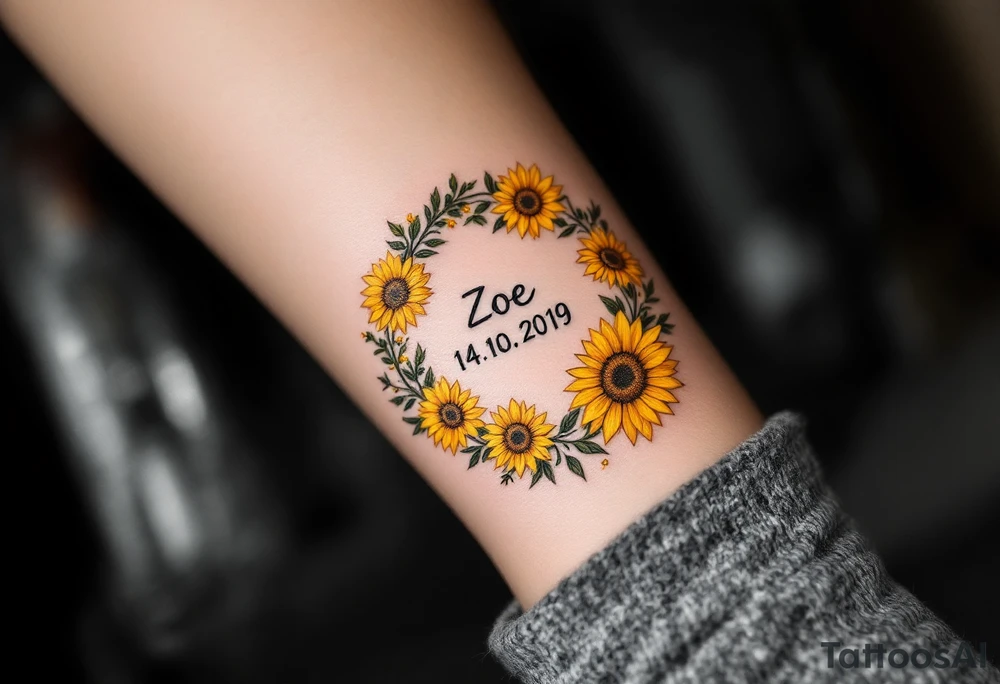 Zorka 14. 10. 2019 – Bright yellow sunflowers surrounding Zoe's birthdate, with tiny green leaves scattered throughout. tattoo idea