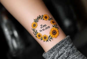 Zorka 14. 10. 2019 – Bright yellow sunflowers surrounding Zoe's birthdate, with tiny green leaves scattered throughout. tattoo idea