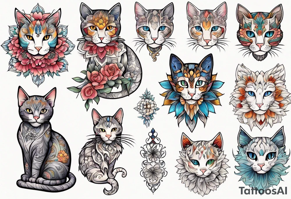 Cat colored flowers Mandala tattoo idea