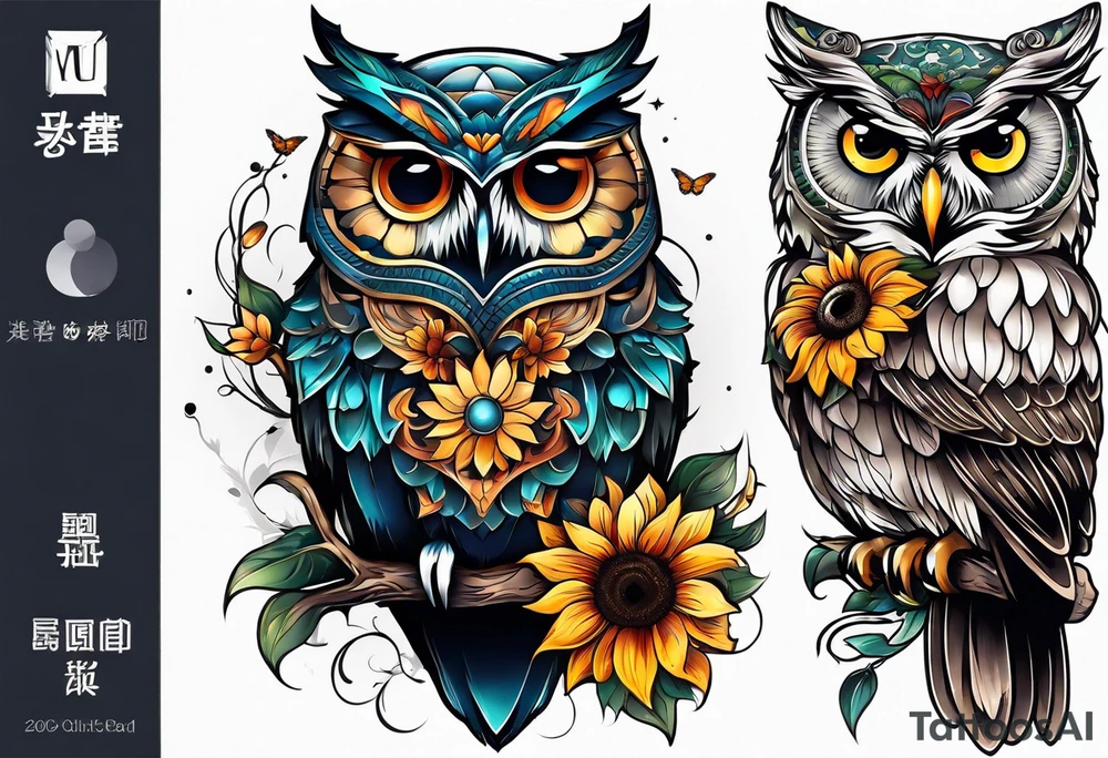 Sleeve with an owl, sunflower and butterfly tattoo idea