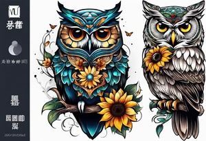 Sleeve with an owl, sunflower and butterfly tattoo idea