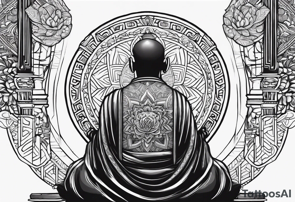 Monk head facing down meditating while doing namaste hand tattoo idea