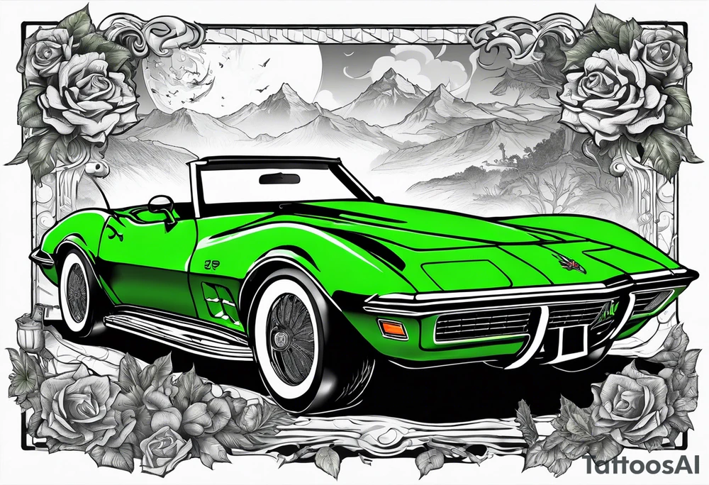 Skeleton smoking a cigarette driving a green 1976 convertible Corvette tattoo idea