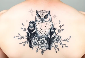 A british barn owl and 2 magpies, entwined by rowan tree branches and florals. In fineline and dotwork tattoo idea