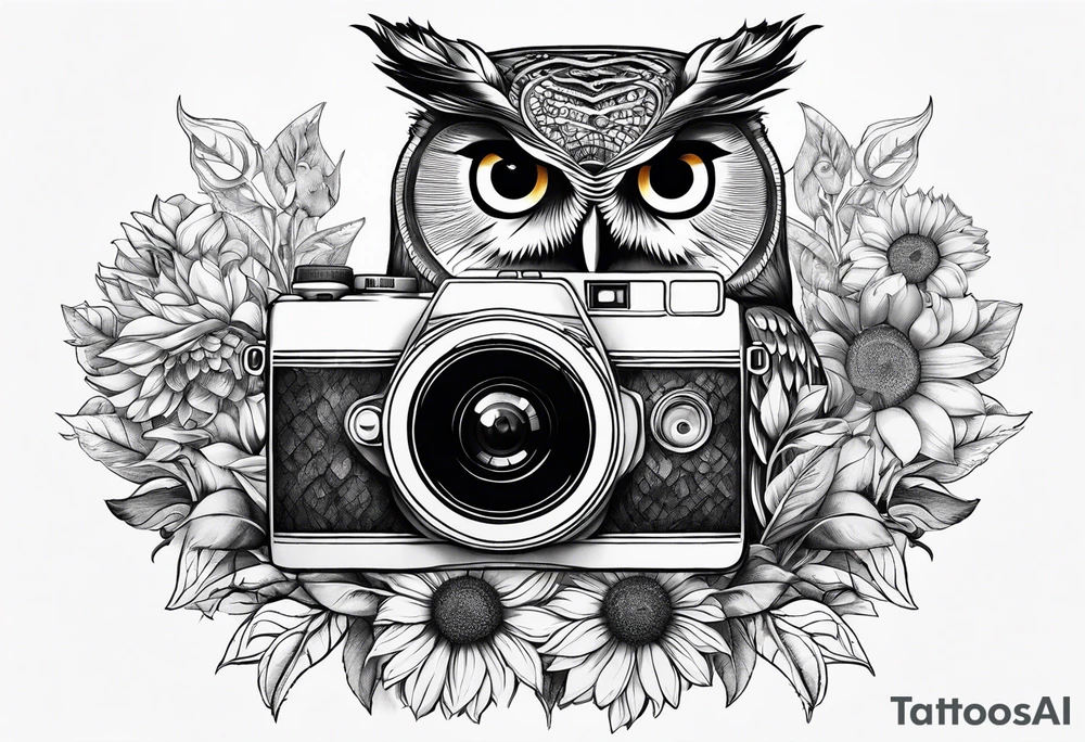 Owl, sunflower, camera, book, peacock tattoo idea