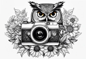 Owl, sunflower, camera, book, peacock tattoo idea