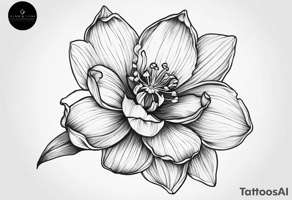 Black line work, delicate, narcissus flower with stem, cursive uppercase I, finger tattoo tattoo idea