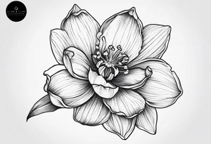 Black line work, delicate, narcissus flower with stem, cursive uppercase I, finger tattoo tattoo idea