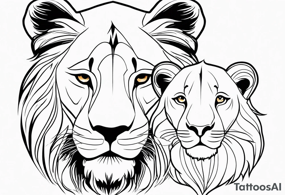 Moitié du visage lion avec son bebe lionne tattoo idea