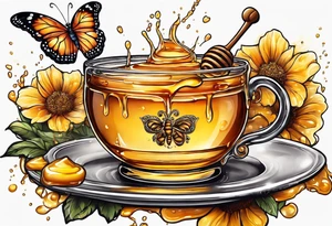 A beautiful butterfly over a pot of honey with drips of honey around the rim tattoo idea