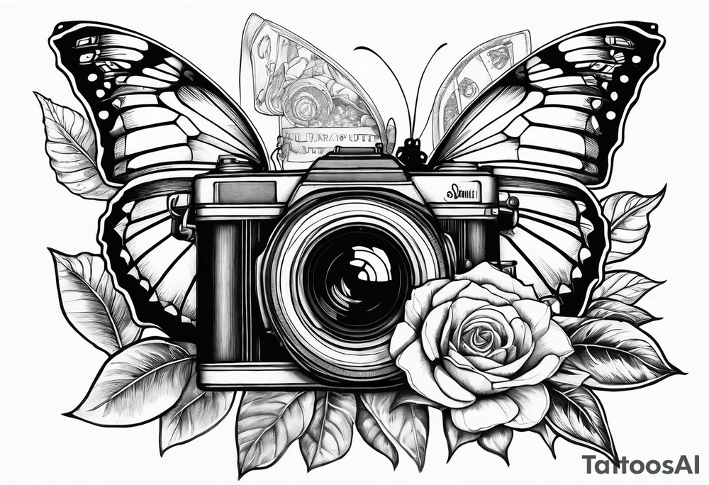 Butterfly, sunflower, camera, book, flower rose tattoo idea