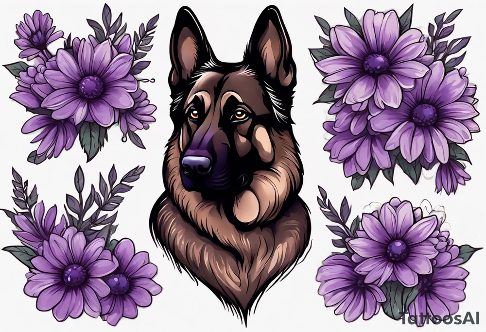 Dark Brown German shepherd portrait surrounded by purple daisies tattoo idea