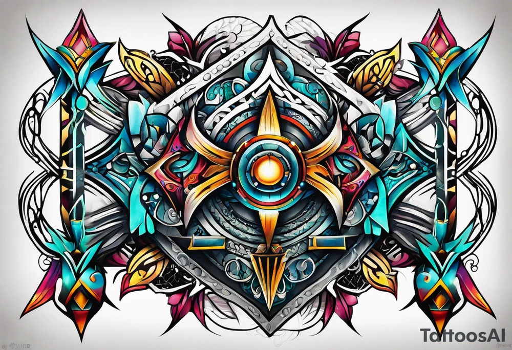 Bold geometric tapestry trident in colour on arm tattoo idea