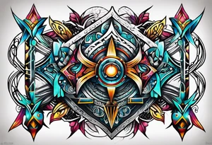 Bold geometric tapestry trident in colour on arm tattoo idea