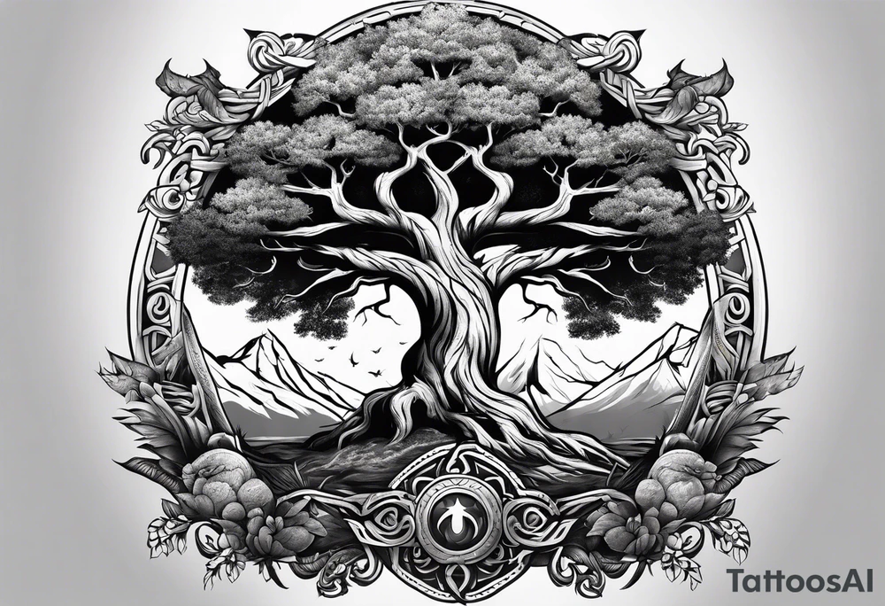 yggdrasil merging into a viking battle scene tattoo idea