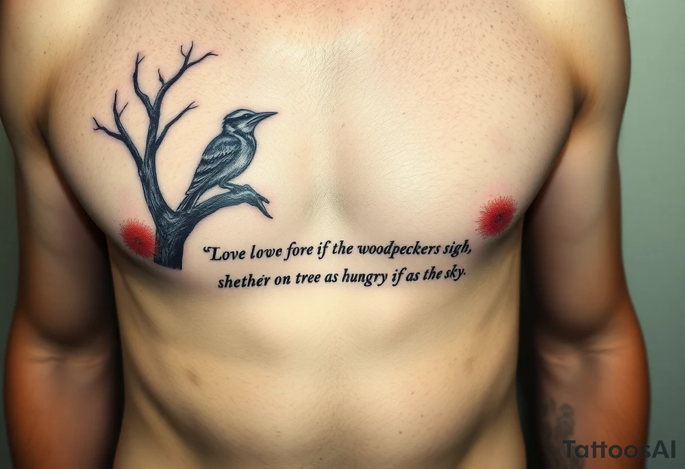 “"If only, if only," the woodpecker sighs,

The bark on the tree was as soft as the sky.

As the wolf waits below, so hungry and lonely,

He cries to the moon, "If only, if only."” 
written as a tattoo on rib cage tattoo idea