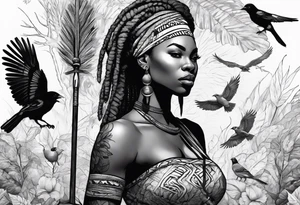 African woman warrior holding a spear with a mean look on her face with birds and leafys in the background and tattoo idea