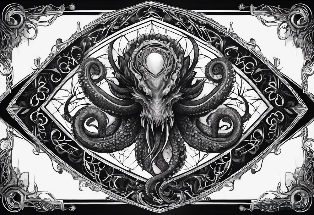 Long tattoo for forearm. Lovecraftian creature, with technological elements. Tentacles protect a heart. tattoo idea