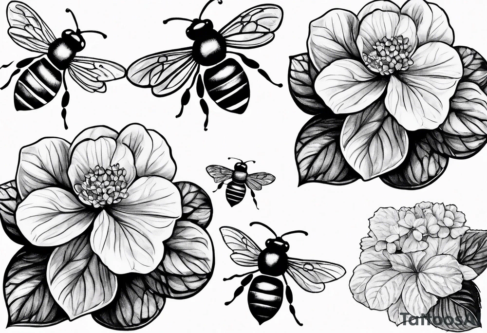 Small tattoo. There’s a hydrangea and a bee but they are not touching. Make the bee smaller than the hydrangea and have the bee off to the side. Bee is smaller than the hydrangea tattoo idea