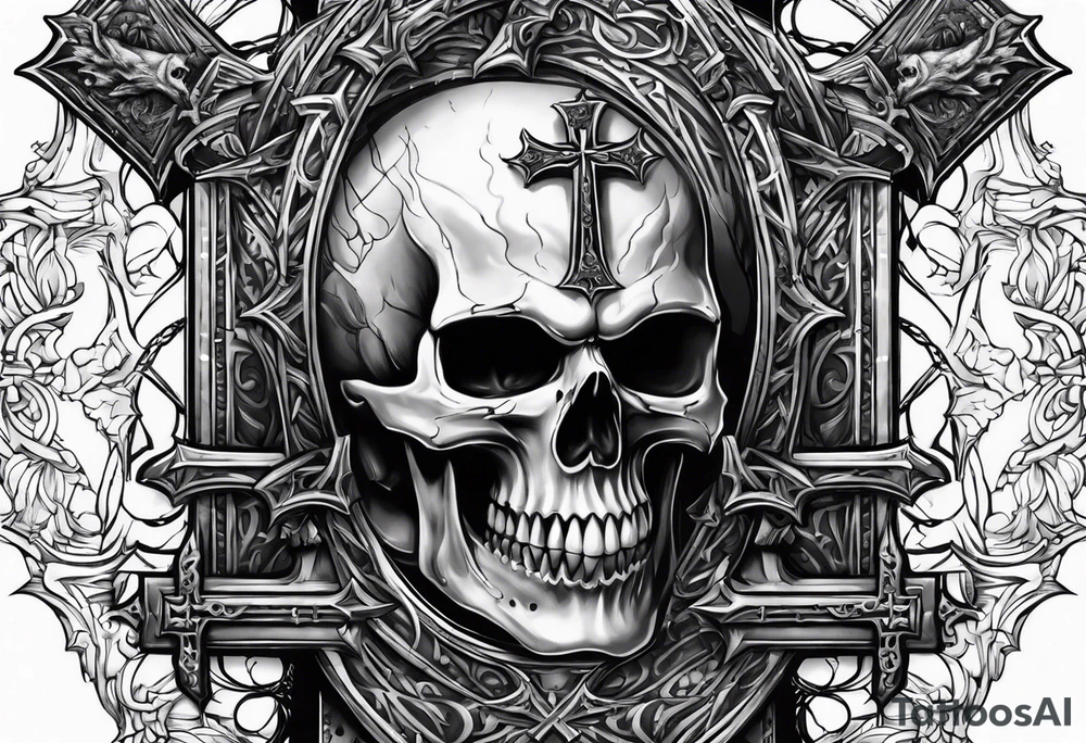 Skull with vampire fangs, three crosses, prayer hands tattoo idea