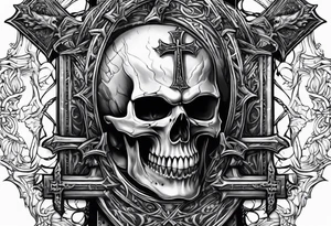 Skull with vampire fangs, three crosses, prayer hands tattoo idea