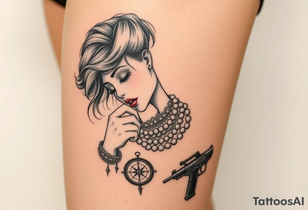 Profile of sexy woman with messy hair 
,resting chin on fist 
, mouth open  , lace, lipstick,  pearls 
compass and gun near by tattoo idea