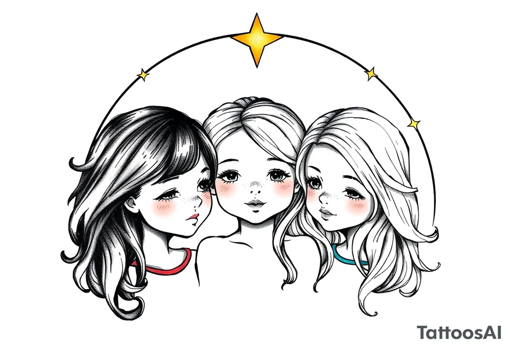 3 petites filles ( une cheveux noir et deux blondes)
sous un arc en ciel incomplet tattoo idea