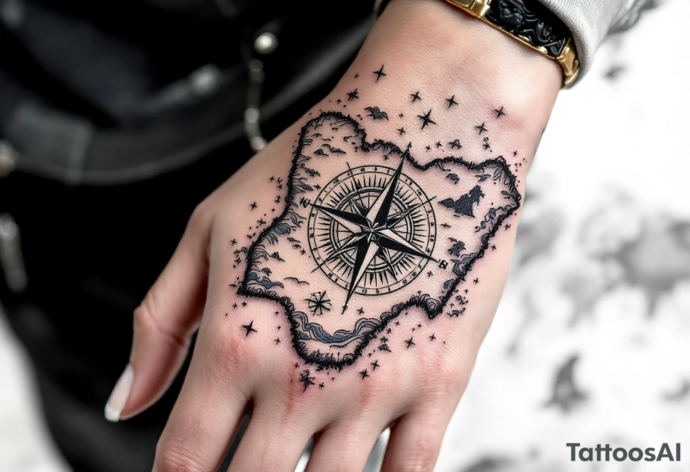 Compass on the back of the palm in the shape of Nigeria with longitude written on the top and latitude written on the bottom. Draw lines from a treasure map connecting from the arm to the tattoo and water waves around the tattoo tattoo idea