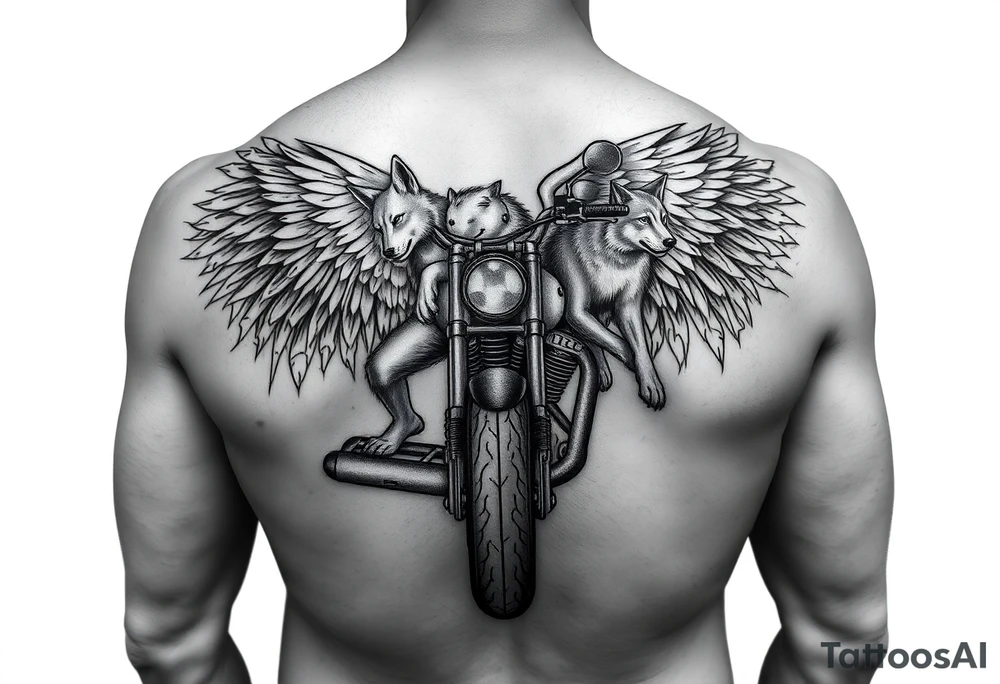 a motorcycle on it with guardian angel wolves on the bike tattoo idea