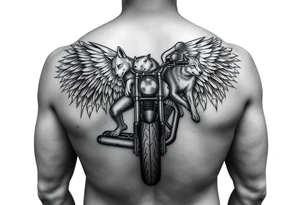 a motorcycle on it with guardian angel wolves on the bike tattoo idea