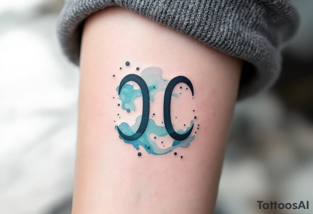 A minimalist Aquarius symbol, surrounded by soft watercolor waves in hues of turquoise, indigo, and silver. tattoo idea