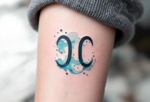 A minimalist Aquarius symbol, surrounded by soft watercolor waves in hues of turquoise, indigo, and silver. tattoo idea