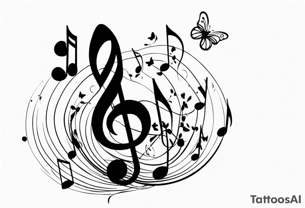 music notes and butterflies with balloons tattoo idea