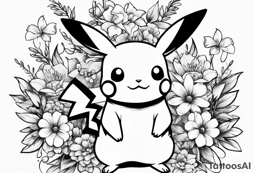Pikachu Holding bouquet of flowers tattoo idea