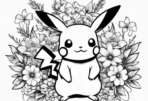 Pikachu Holding bouquet of flowers tattoo idea