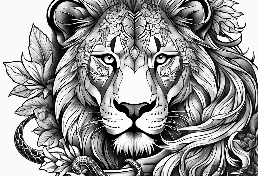 majesty of lion & snake features tattoo idea