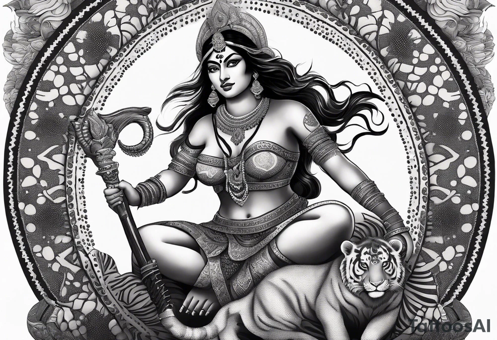 kali, durga goddess, riding a tiger, pirate, pachamama, rebel, chest tatoo, lotus, piarte tattoo idea